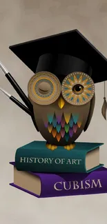 Owl with graduation cap on books in artistic wallpaper.