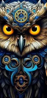 Intricate blue and orange owl wallpaper with vibrant patterns.