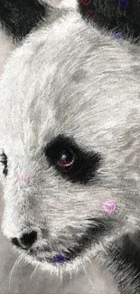 Artistic sketch of a panda with heart accents in light gray shades.