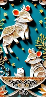 Artistic paper cut animal wallpaper with teal background.