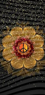 Artistic wallpaper featuring a peace flower mandala on a dark background.