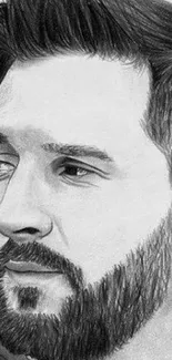 A detailed pencil sketch of a bearded man on a gray monochrome background.