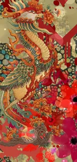 Intricate phoenix with floral design in vibrant, colorful oriental style.