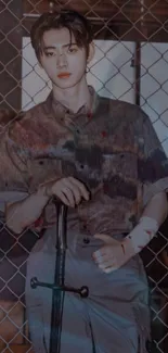 Stylish person posing behind a chain-link fence with an artistic backdrop.