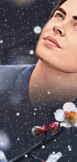 Stylized portrait among snow and blossoms with a dark blue background.