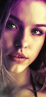 Artistic portrait wallpaper with green-eyed woman and purple tones.