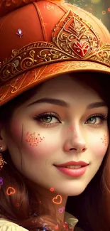 Artistic portrait of a woman with an orange hat, perfect for mobile wallpaper.