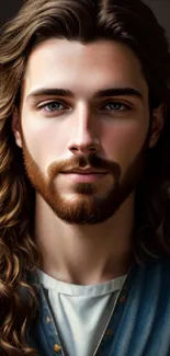 Artistic portrait of a bearded man with long hair.