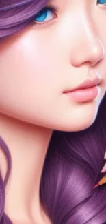 Artistic portrait wallpaper with purple hair and golden details.