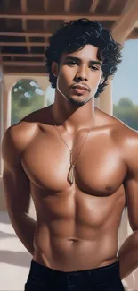 Shirtless muscular man with necklace in artistic setting.