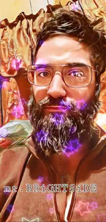 Artistic portrait wallpaper of a bearded man with glasses and warm tones.