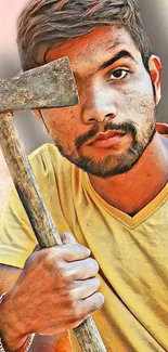 Artistic portrait of a man with an axe, vibrant colors.