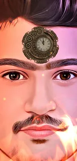 Artistic wallpaper featuring a surreal portrait with a decorative clock.