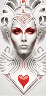 Intricate red and white queen card design wallpaper.