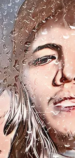 Artistic portrait with raindrops on a mobile wallpaper.