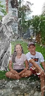 Raindrop effect with grayscale statue over garden scene.