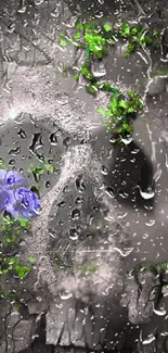 Skull design with rain droplets, greenery, and violet flowers on a gray background.