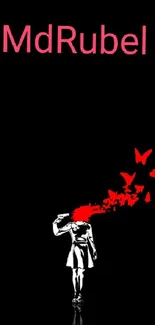 Artwork of red butterflies emerging from a figure on black background.