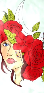 Artistic wallpaper with red roses and green leaves on a face.