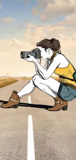 Illustration of a woman photographer on a road with a camera in hand.