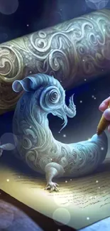 Hand drawing a mystical creature emerging from a decorative scroll.