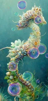 Artistic depiction of a seahorse amidst vibrant ocean life.