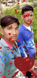 Artistic selfie of two individuals with green garden background.