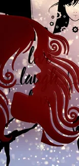 Elegant silhouette with swirling red hair on artistic mobile wallpaper.