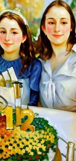 Artistic painting of two sisters with flowers.