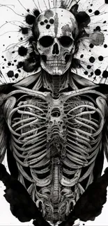 Inked artistic skeleton design in black and white for mobile wallpaper.