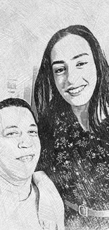 Monochrome sketch of a smiling couple with artistic flair.