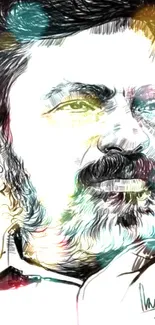 Artistic sketch of a bearded man with vibrant color splashes on mobile wallpaper.