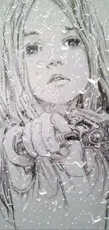 Sketch of a girl under rain with artistic details and realistic raindrops.