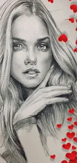 Pencil sketch of a woman with red hearts.