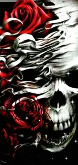 Artistic skull with red roses on dark background.