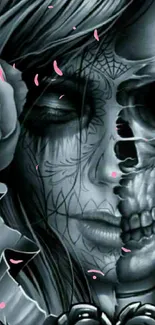 Half skull half face with roses in grayscale art wallpaper.