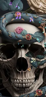 Wallpaper of a skull with a colorful snake and floral design.