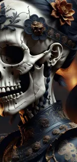 Artistic skull warrior with floral design on dark background.