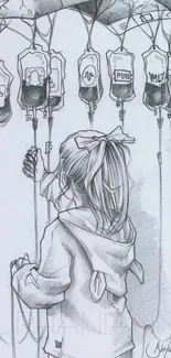 Sketch of a girl with app-branded IV drips in monochrome.