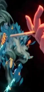 Exquisite hand drawing with smoke and vibrant fish designs.