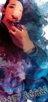 Artistic portrait with colorful smoke on a mobile wallpaper.