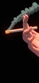 Hand holding a lit cigarette with smoke.