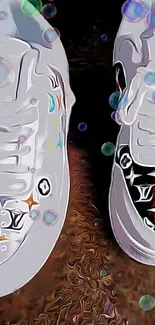 Artistic sneakers with bubbles on a mobile wallpaper.