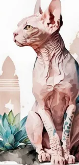 Artistic Sphynx cat with watercolor and nature elements wallpaper.