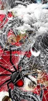 Artistic red and black wallpaper with realistic spiders and webs.