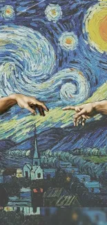 Starry Night inspired art wallpaper with hands reaching out.