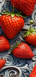 Vibrant strawberries on artistic patterned wallpaper.