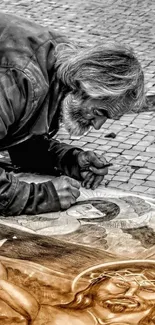 Artist drawing with chalk on street in monochrome setting. Perfect mobile wallpaper.