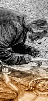 Street artist creating vibrant chalk art on pavement.