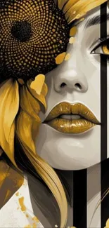 Artistic portrait with sunflower and golden hues.